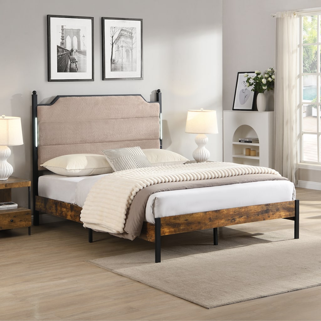 Queen Bed Frame , Upholstered headboard with Charging and Touch sensitive LED Lights, Under Bed Storage, No Box Spring Needed