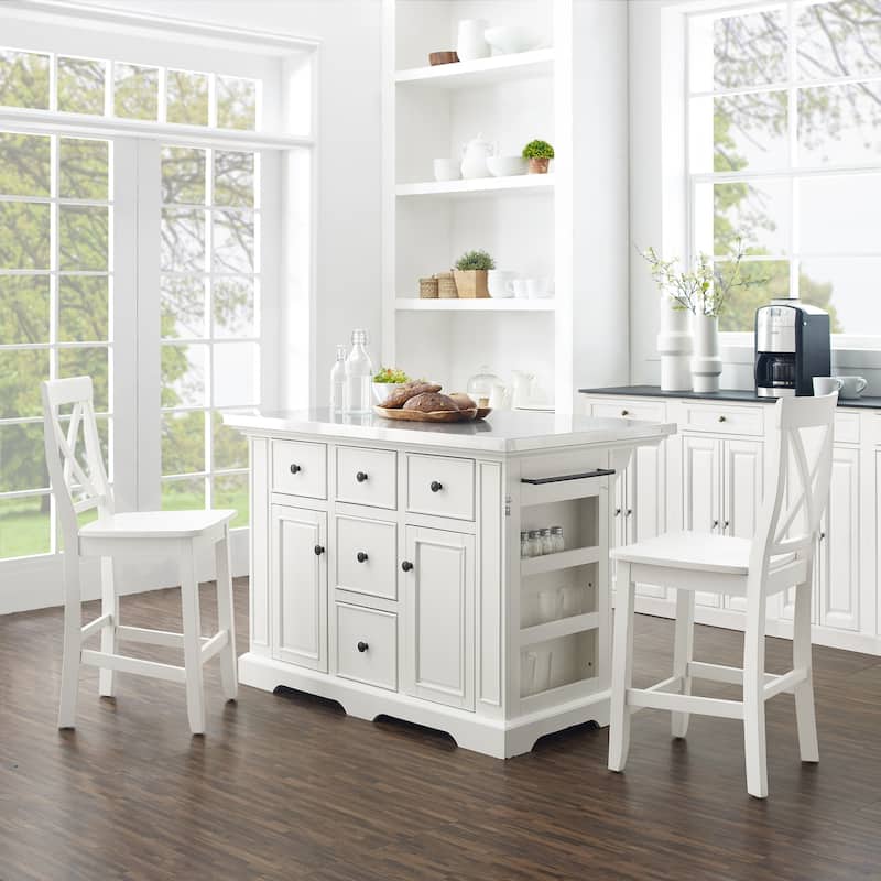 Kitchen Island with Stools - Stainless Steel Top, Storage, Dining - 50" Long, White Finish