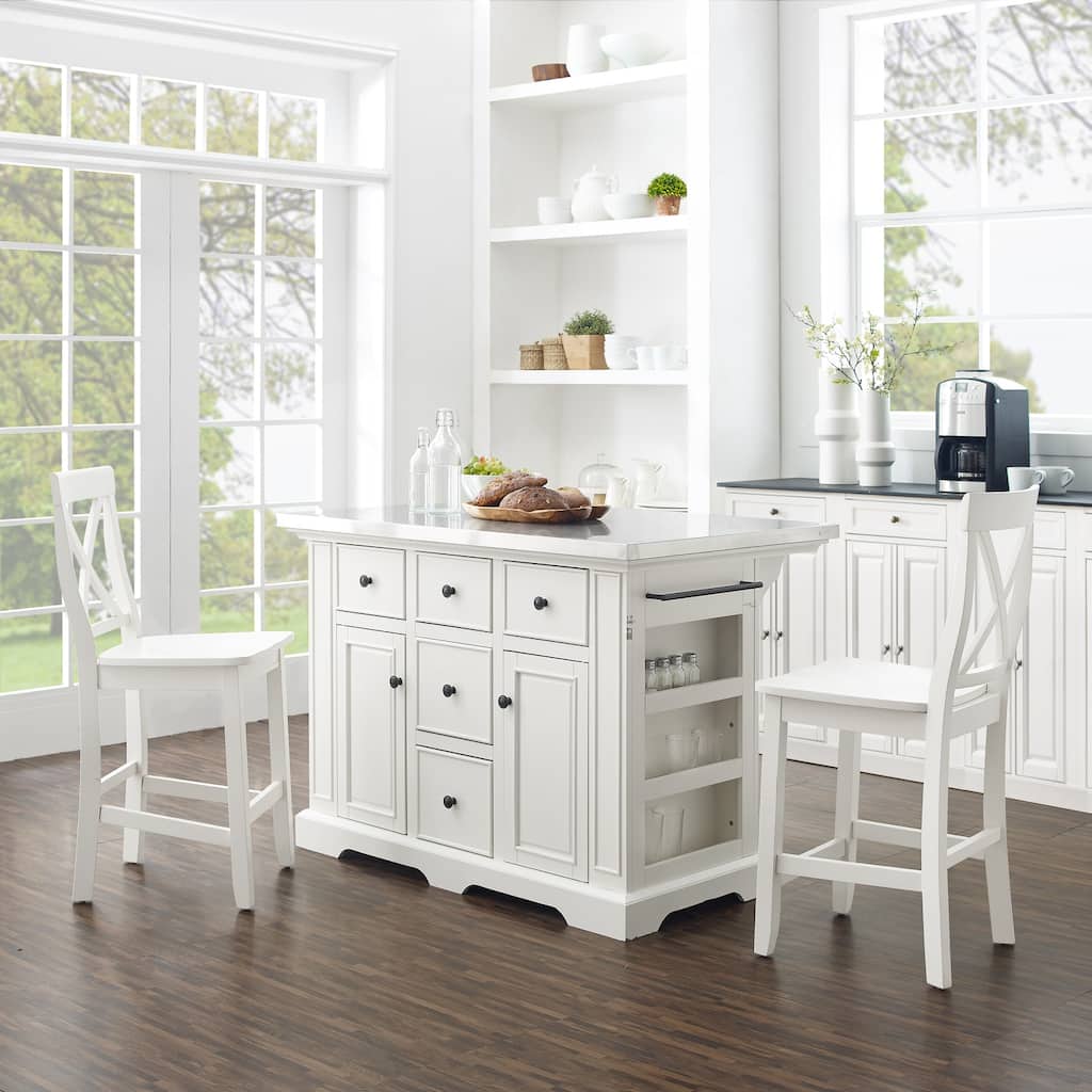 Kitchen Island with Stools - Stainless Steel Top, Storage, Dining - 50" Long, White Finish
