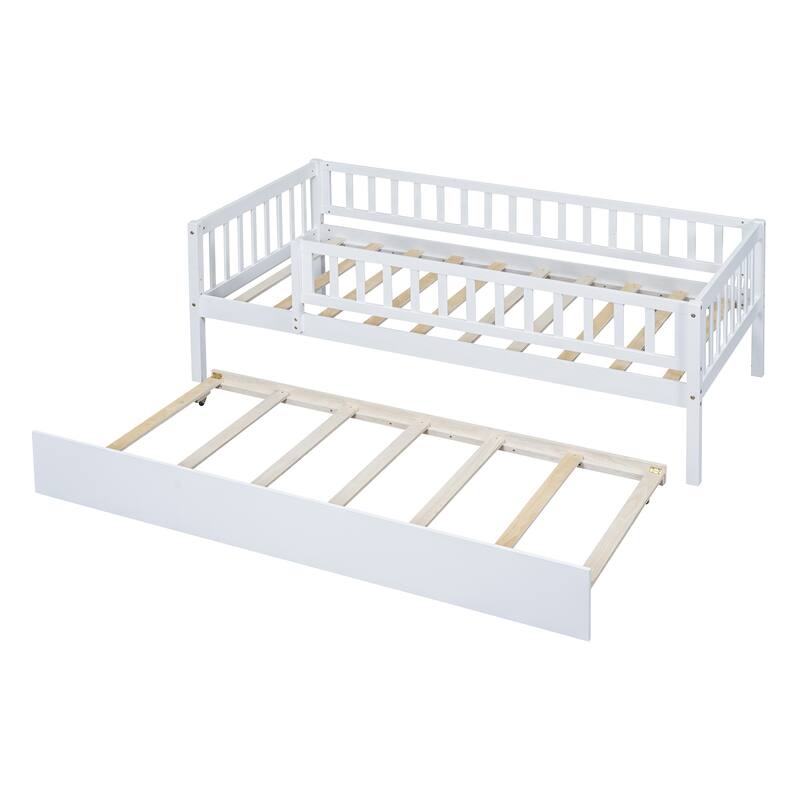 Modern Daybed with Trundle and Fence, Twin Size Trundle Day Bed Sofa Bed with Solid Wood Frame for Bedroom, Guest Room