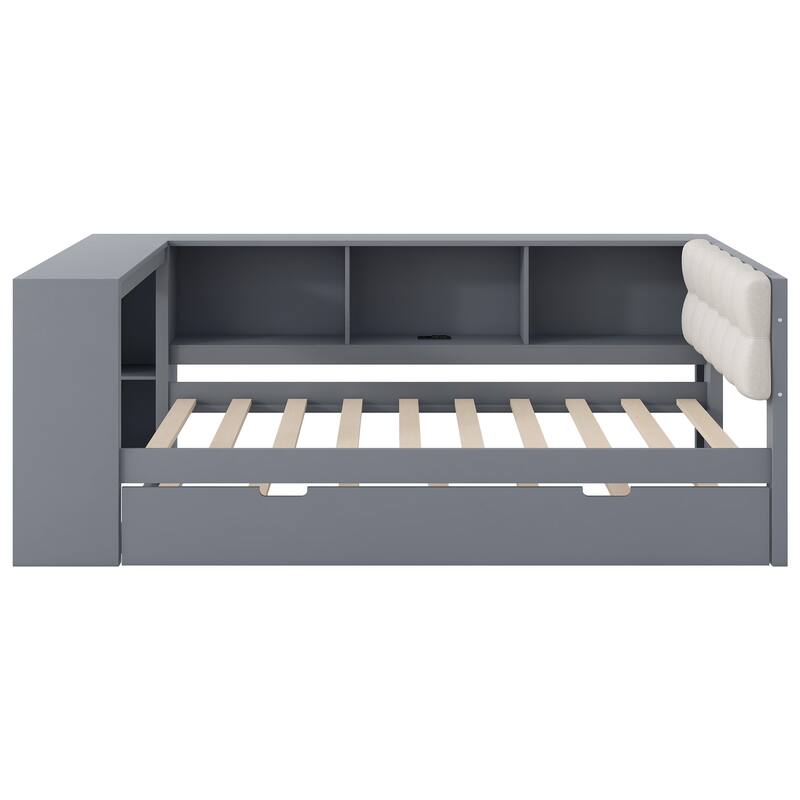Upholstered Sofa Bed, Wood Daybed, L-shaped Bed Frame with Desk, Shelves, Charging Station, and Optional with Trundle or Drawers