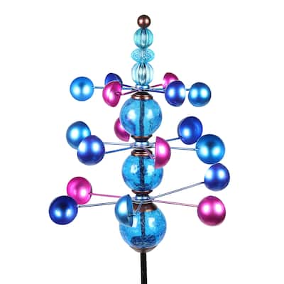 Exhart Three Tier Wind Spinner Garden Stake with Glass Crackle Balls, 14 by 48 Inches