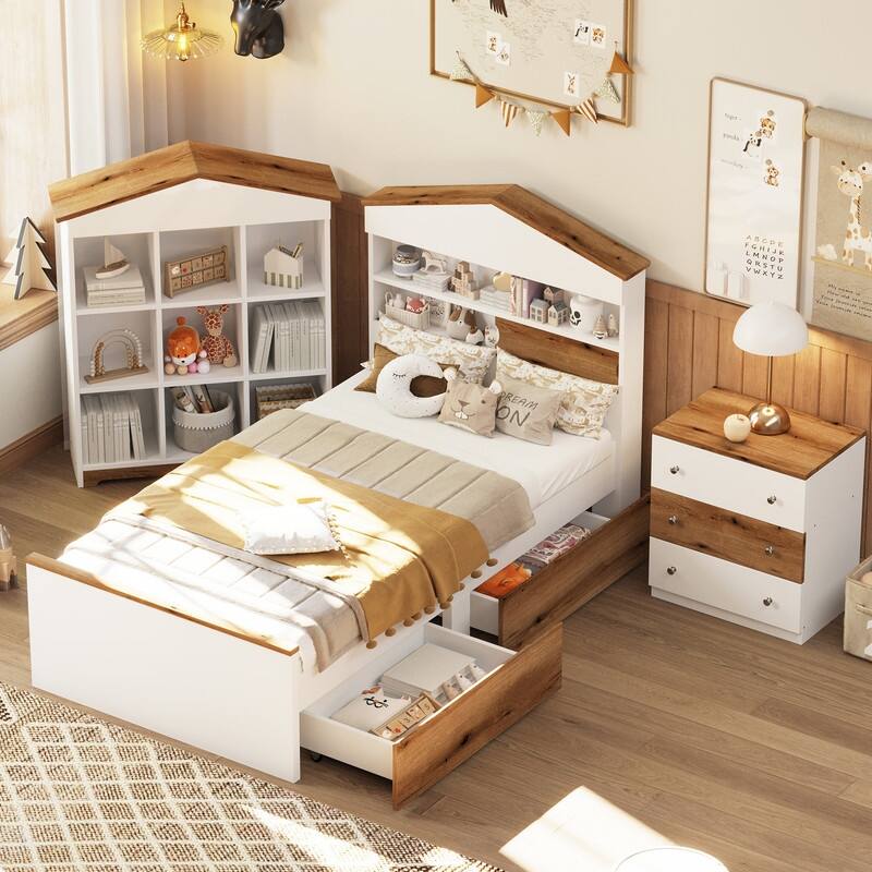 2/3/4-Piece Bedroom Set, Twin/Full/Queen, Wooden Bed, 2 Nightstands, Dresser, Sliding Door Headboard, White/White+Brown - 3 Piece - Twin