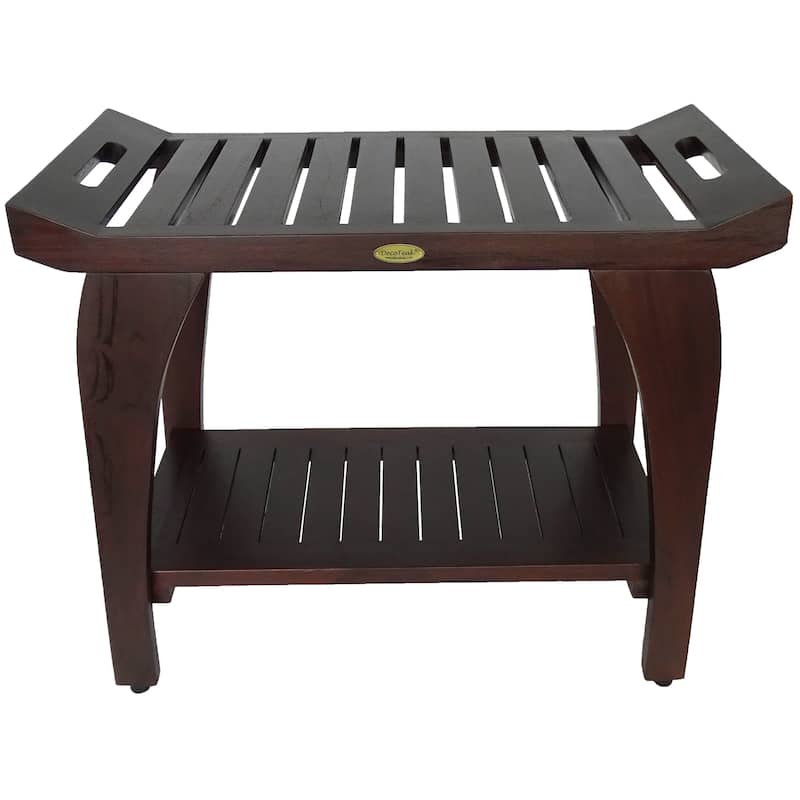 DecoTeak Tranquility 30" Extended Height Solid Teak Shower Bench With Shelf in WoodLand Brown Finish