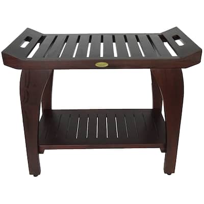 DecoTeak Tranquility 30" Extended Height Solid Teak Shower Bench With Shelf in WoodLand Brown Finish
