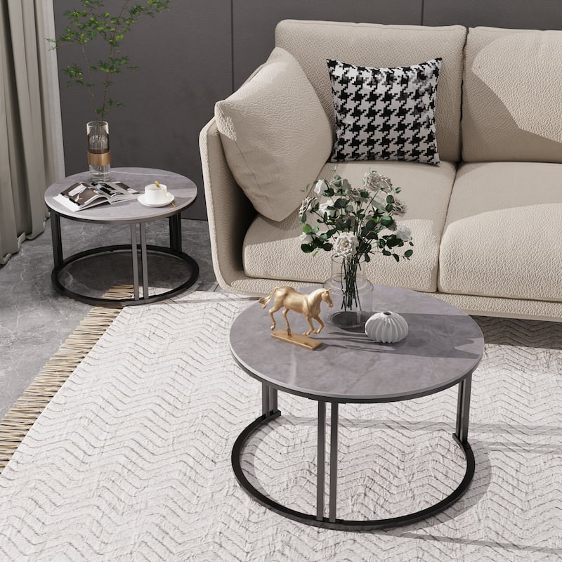 2X Round Nested Coffee Table Sintered Stone Top Metal Tables - 27”x16”