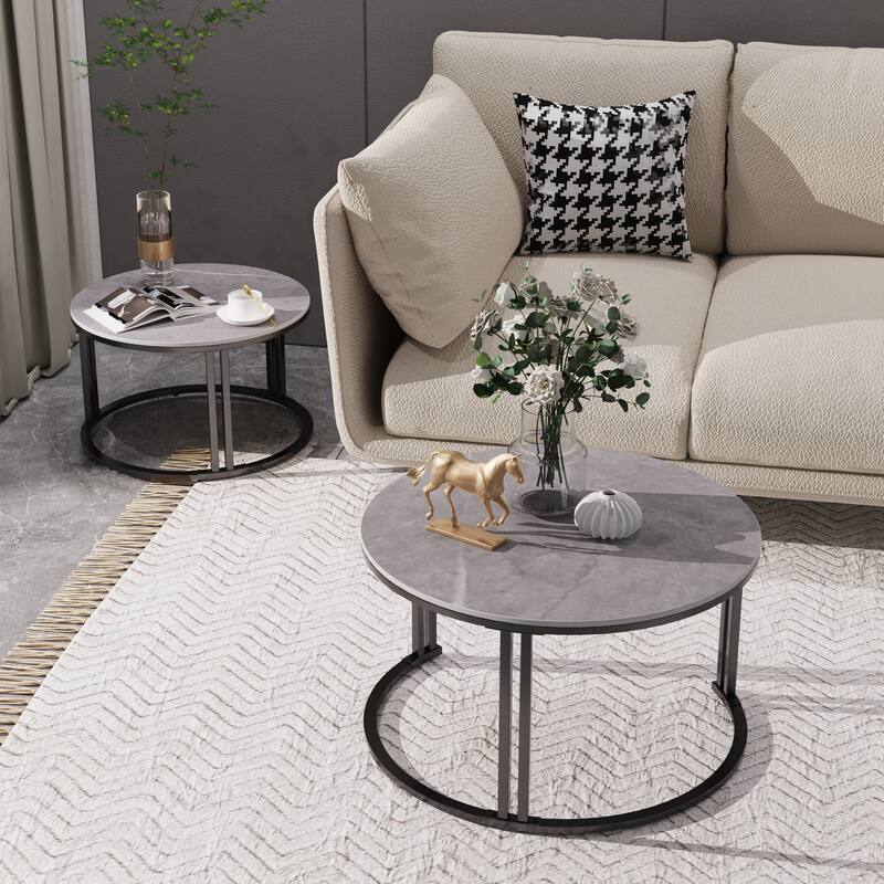 Round Sofa Nesting Coffee Table Sintered Stone Set of 2