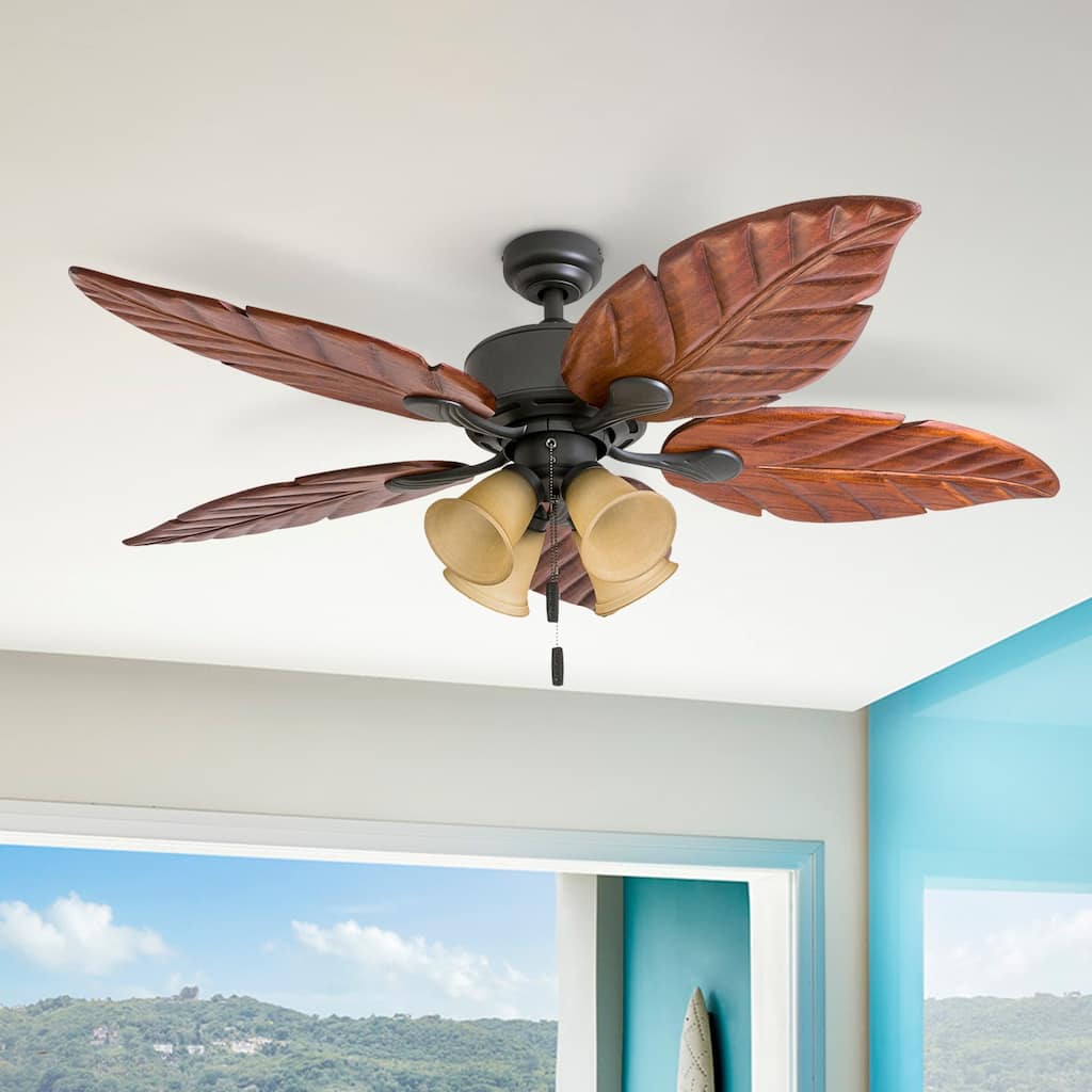 52" Honeywell Royal Palm Bronze LED Ceiling Fan with Light, Hand Carved Solid Wood Blades