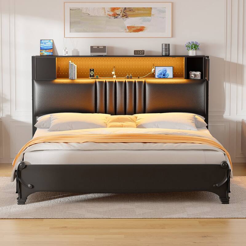 Upholstered Headboard with Storage Shelf and Small Cabinet, Headboard Power Outlet and LED Light - Black - Full