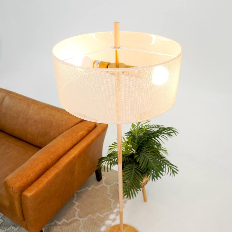 Modern Natural Oak Living Room Floor Lamp with Linen Shade - Brown