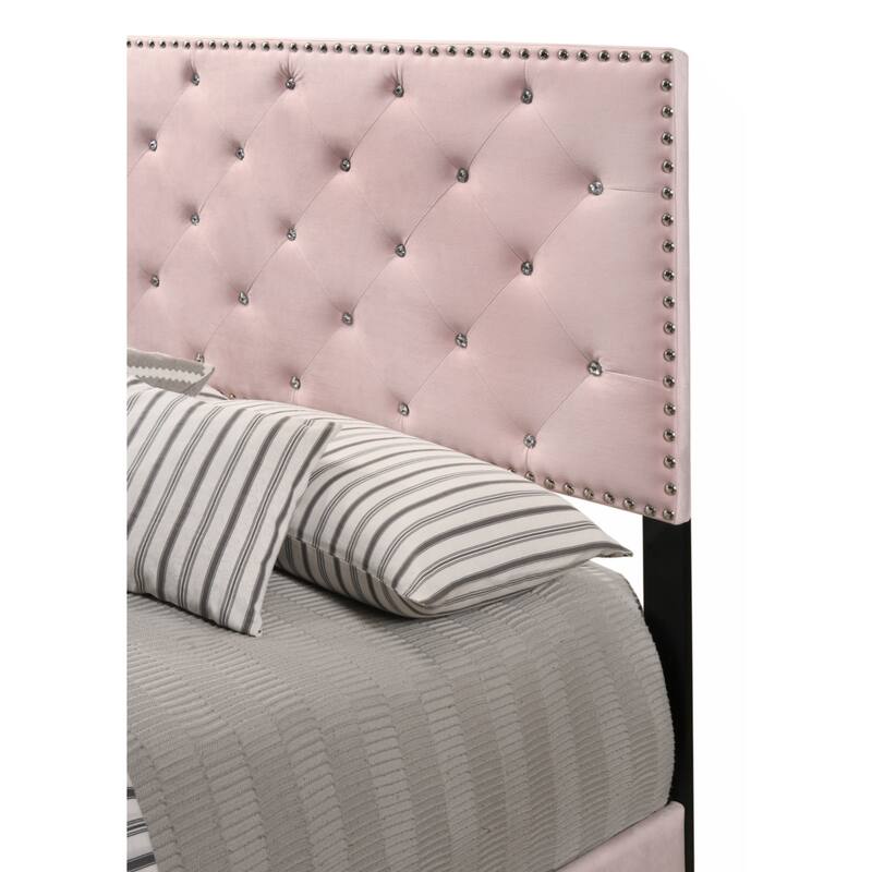 Pink Velvet Platform Bed with Nailhead Trim, Full Size