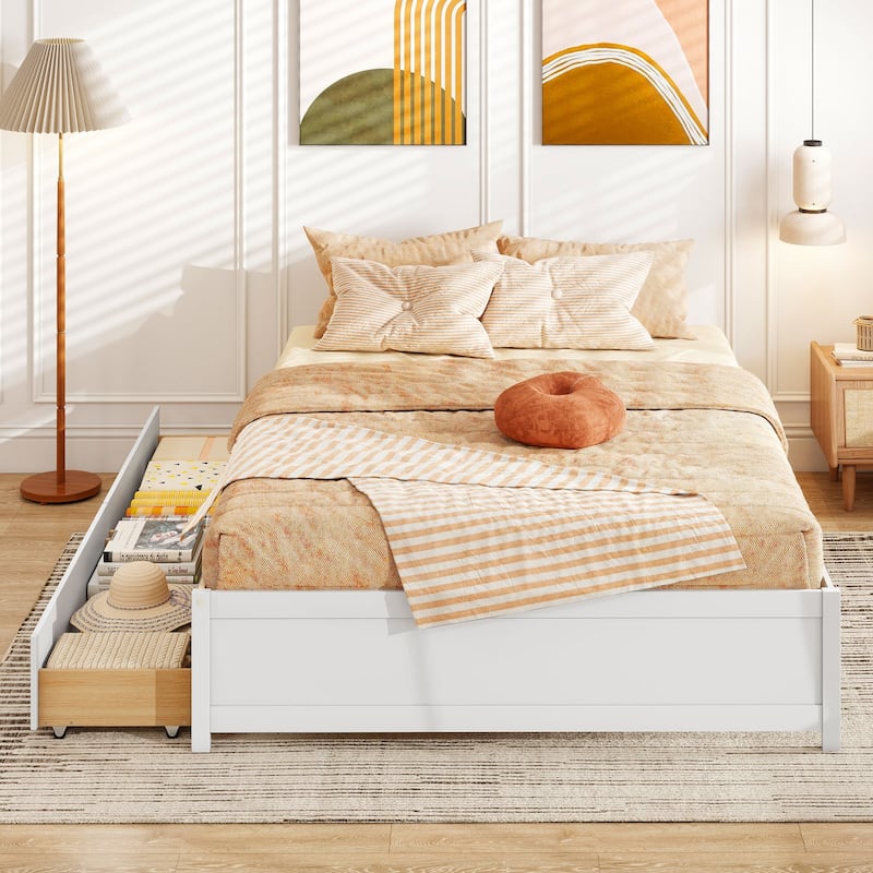 Full Size Wooden Platform Bed Frame with Storage Drawers Solid Wood Slatted Captain Bed No Box Spring Needed