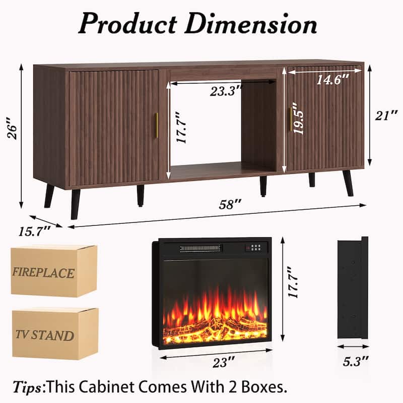 BOSSIN 58"Mid-Century Electric Fireplace TV Stand with Fluted Panels, Remote Control, and Adjustable Shelves for TVs up to 65"