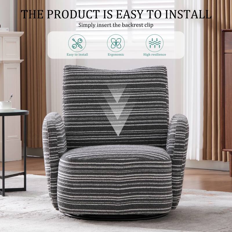 HOMEFUN Boucle Upholstered 360° Swivel Fabric Striped Armrest Leisure Chair for Living room and Bedroom