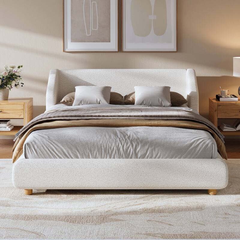 Christopher Knight Home - Arvilla Modern Boucle Upholstered Low Profile Platform Bed with Wingback Headboard & Wooden Slats - White - Queen