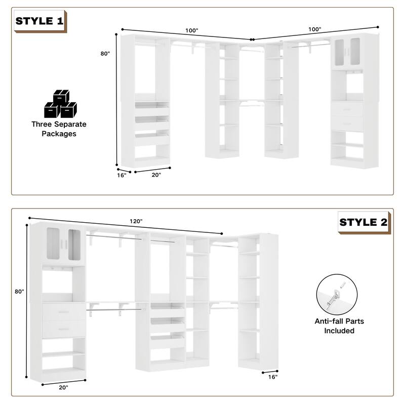100" × 100" Closet System With Door and Wooden Drawers, Closet Organizer with 5 Hanging Rods and 20 Storage Shelves