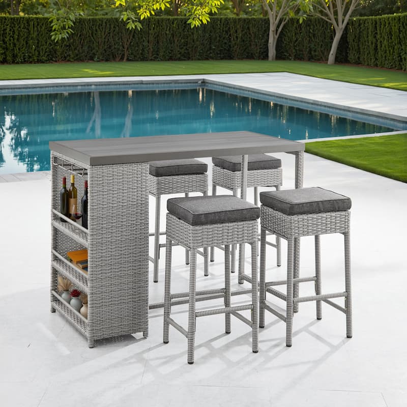Corvus Kabul 5-piece Outdoor Bar Set with Cushioned Stools and Storage Shelf