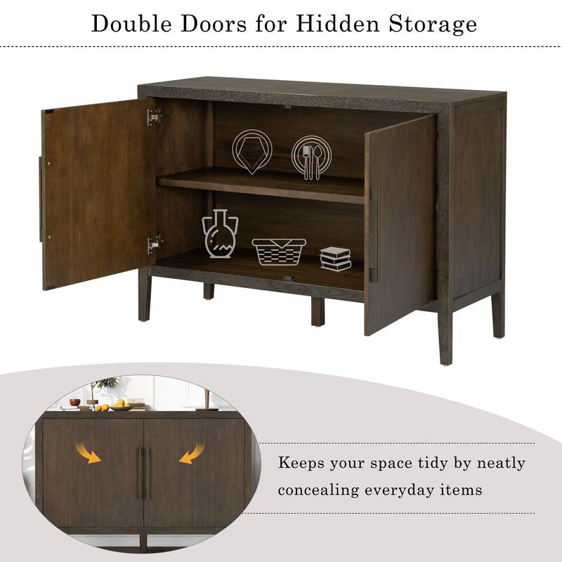 47.25"Sideboard with Pine Veneer and 2 Doors, Retro Buffet with Adjustable Feet, Wooden Storage Cabinet with Metal Handles