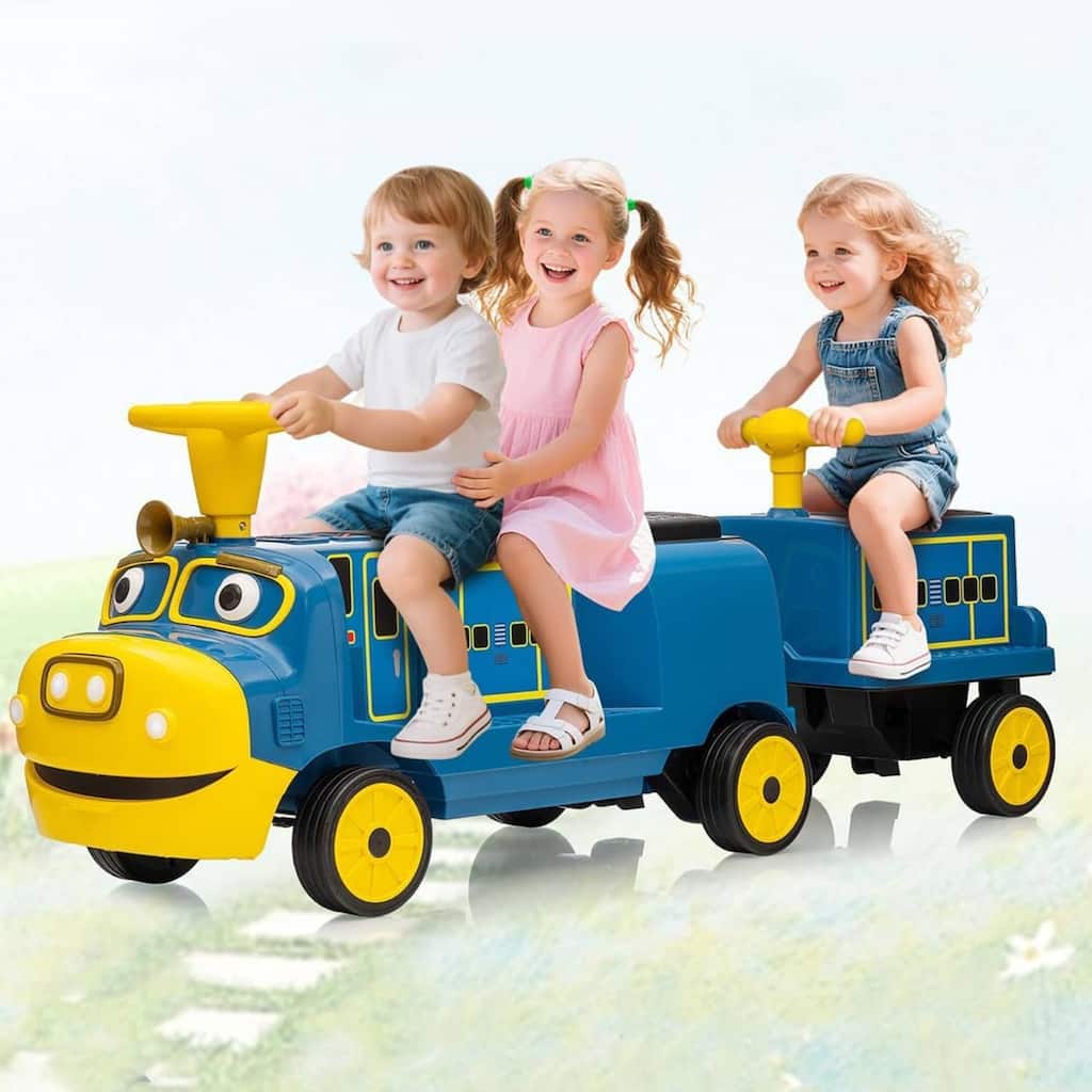 12V Kids Ride On Toy Car, 3-Seater Ride On Train Trackless
