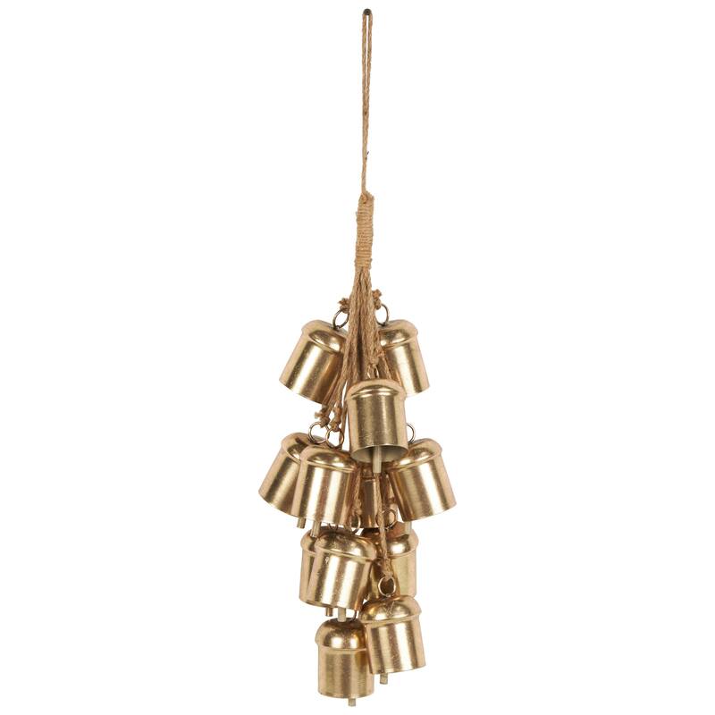 Metal Cascading Cluster Decorative Bells with Jute Hanging Rope - Gold - Roche River Decor - Gold - 9"W, 25"H