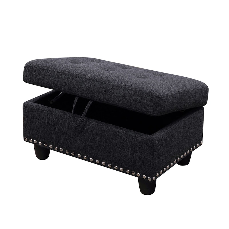 Black Grey Linen Storage Ottoman Footstool