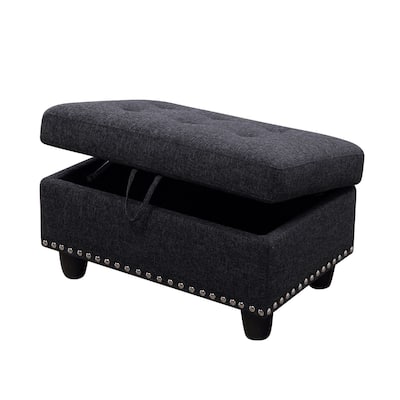 Black Grey Linen Storage Ottoman Footstool
