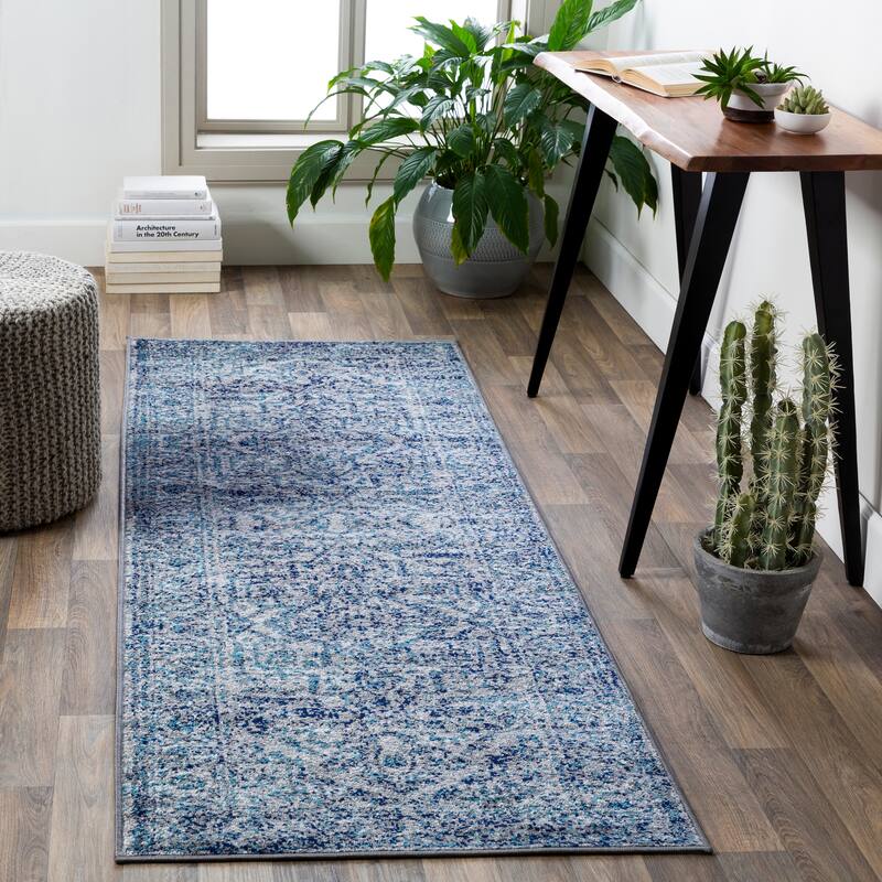 Livabliss Abbas Navy/Gray Vintage Traditional Area Rug - 5'3" Square - Sky Blue