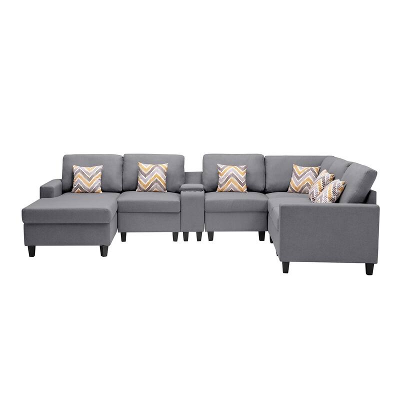 Linen Fabric 7 Piece Reversible Chaise Sectional Sofa with Storage Console Table and 6 Pillows