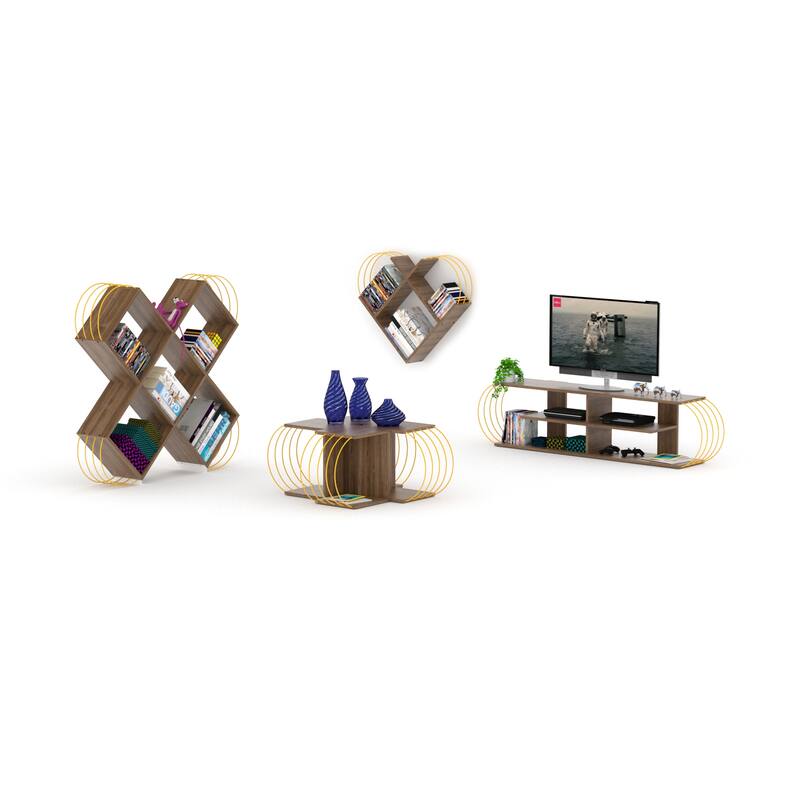 FurnisHome Store Mid Century Modern Tv Stand 4 Shelves Open Storage Entertainment Centre 68 inch Tv Unit, Walnut/Chrome - Brown