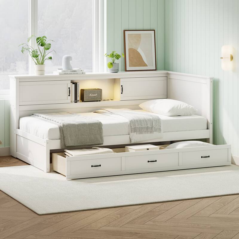 L-Shaped Corner Bed Frame with Storage Space, LED Downlight and USB Port