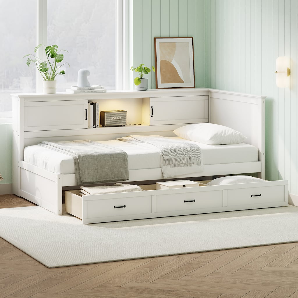 Twin Size L-Shaped Bed Frame with Drawer and and Bookcase,Corner Bed Wooden Captain Bed with Led Downlight and USB Port