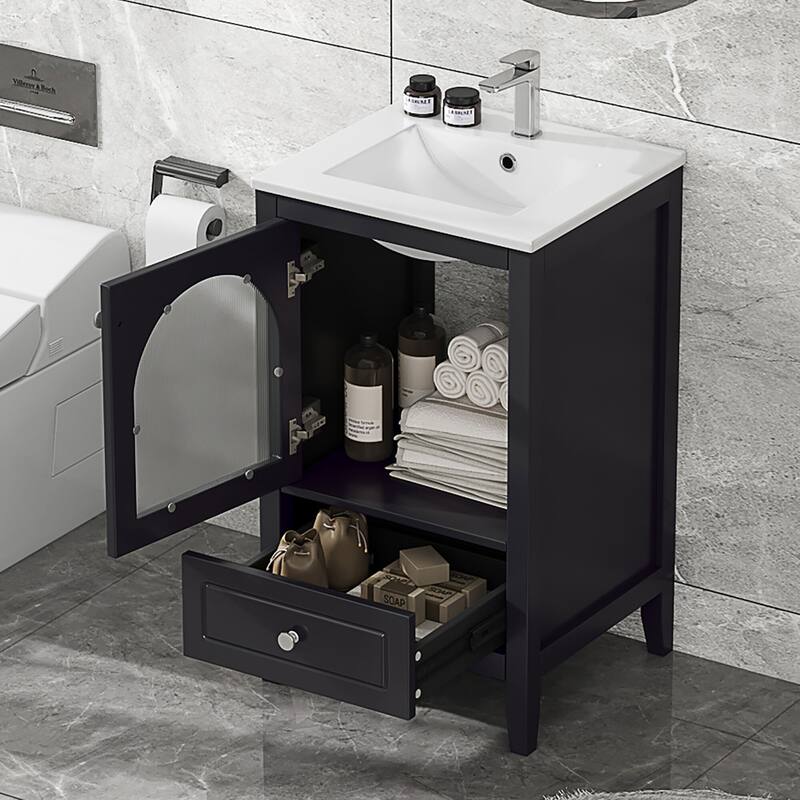 20 inch MDF Bathroom Vanity with Sink, Bathroom Cabinet with Soft Closing Glass Door