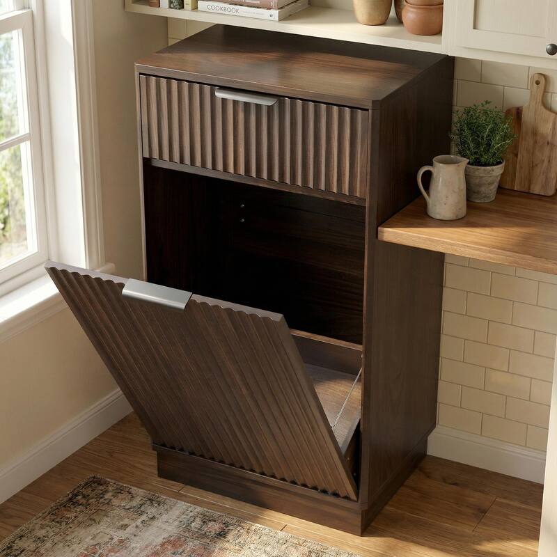 Homy Casa Farmhouse Double Tilt-Out Trash Cabinet, 20/10 G Recycling Bin, Barn Door Laundry Sorter with Drawer, Kitchen Tilt Out - Walnut