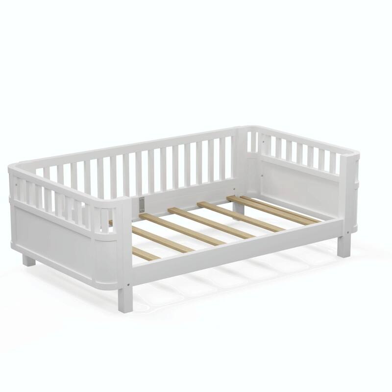 Wood Platform Bed for Kids, Low Profile Wooden Full Bed with Rails