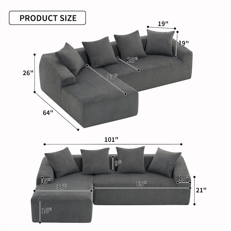 Grey Compression Sofa: Chaise Longue with 3 - Seater, Corduroy Fabric, Full Sponge, 4 Pillows