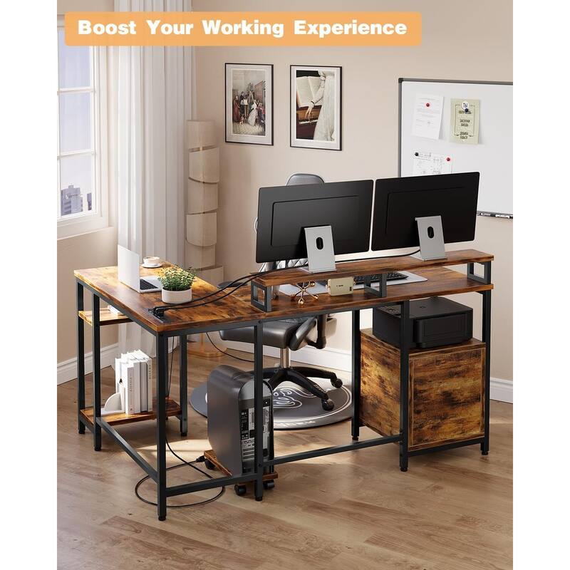 U Shaped Desk, 126 Inch Gaming Desk with Monitor Stand and LED Lights