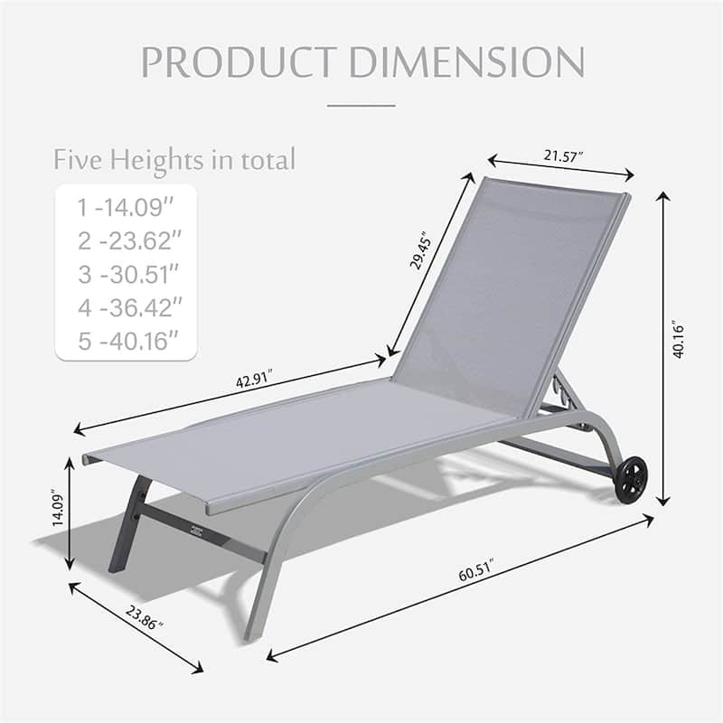 5 Adjustable Aluminium Outdoor Chaise Lounge Chair with Wheels Set of 2 - N/A
