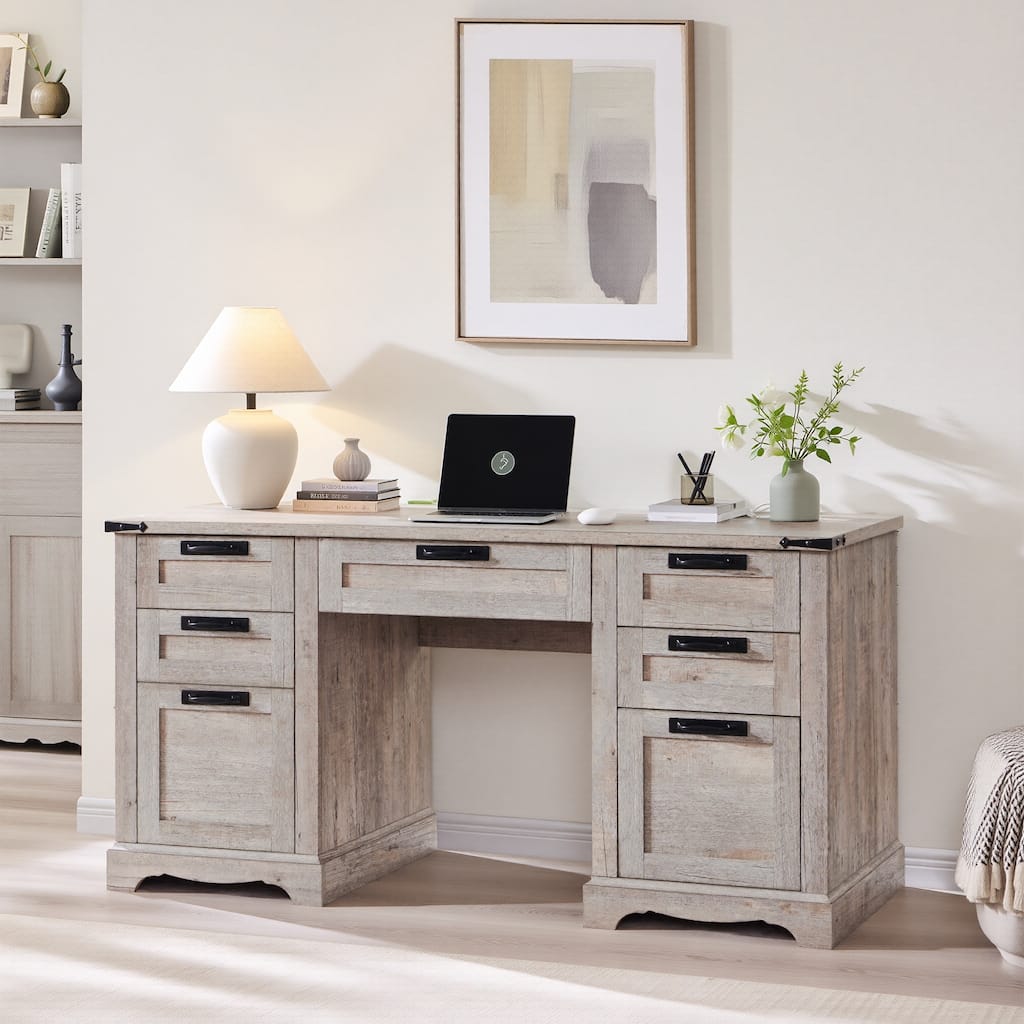 60" Farmhouse Executive Desk, Wood Home Office Desk, Computer Desk