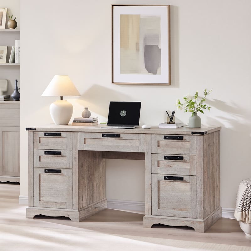 60" Farmhouse Executive Desk, Wood Home Office Desk, Computer Desk - Light Rustic Oak