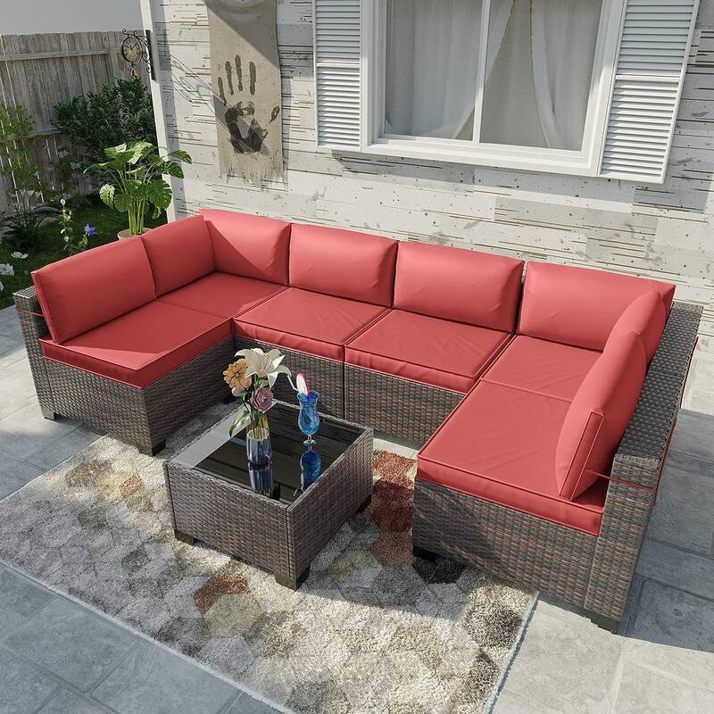 Kullavik 7 Pieces Outdoor Sectional Sofa Set Brown Wicker Patio Conversation Set with Seat Cushions and Tempered Glass Table