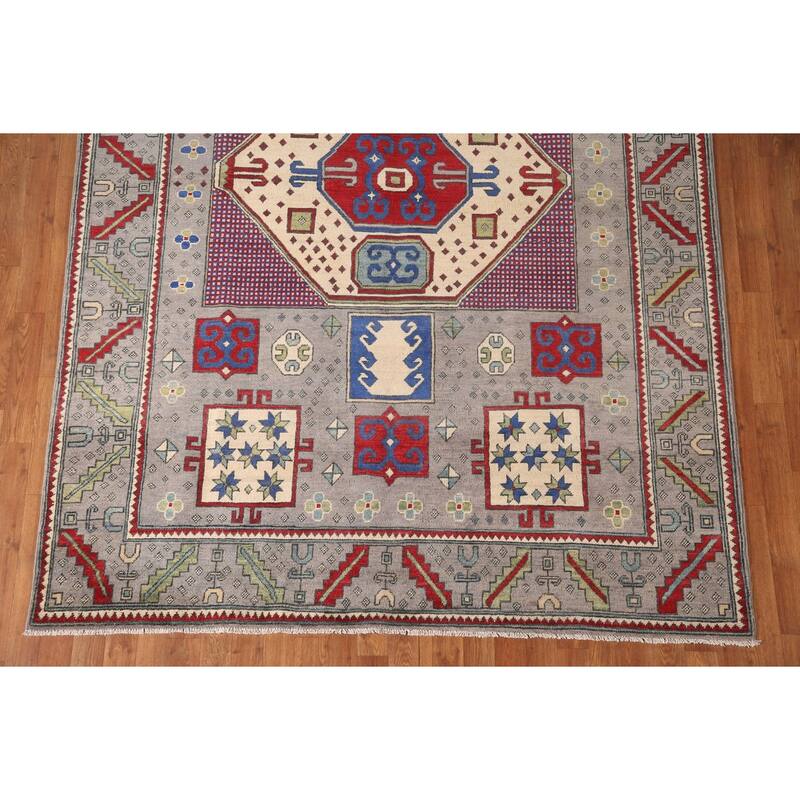 Geometric Gray Kazak Oriental Area Rug Handmade Wool Carpet - 6'4" x 9'0"