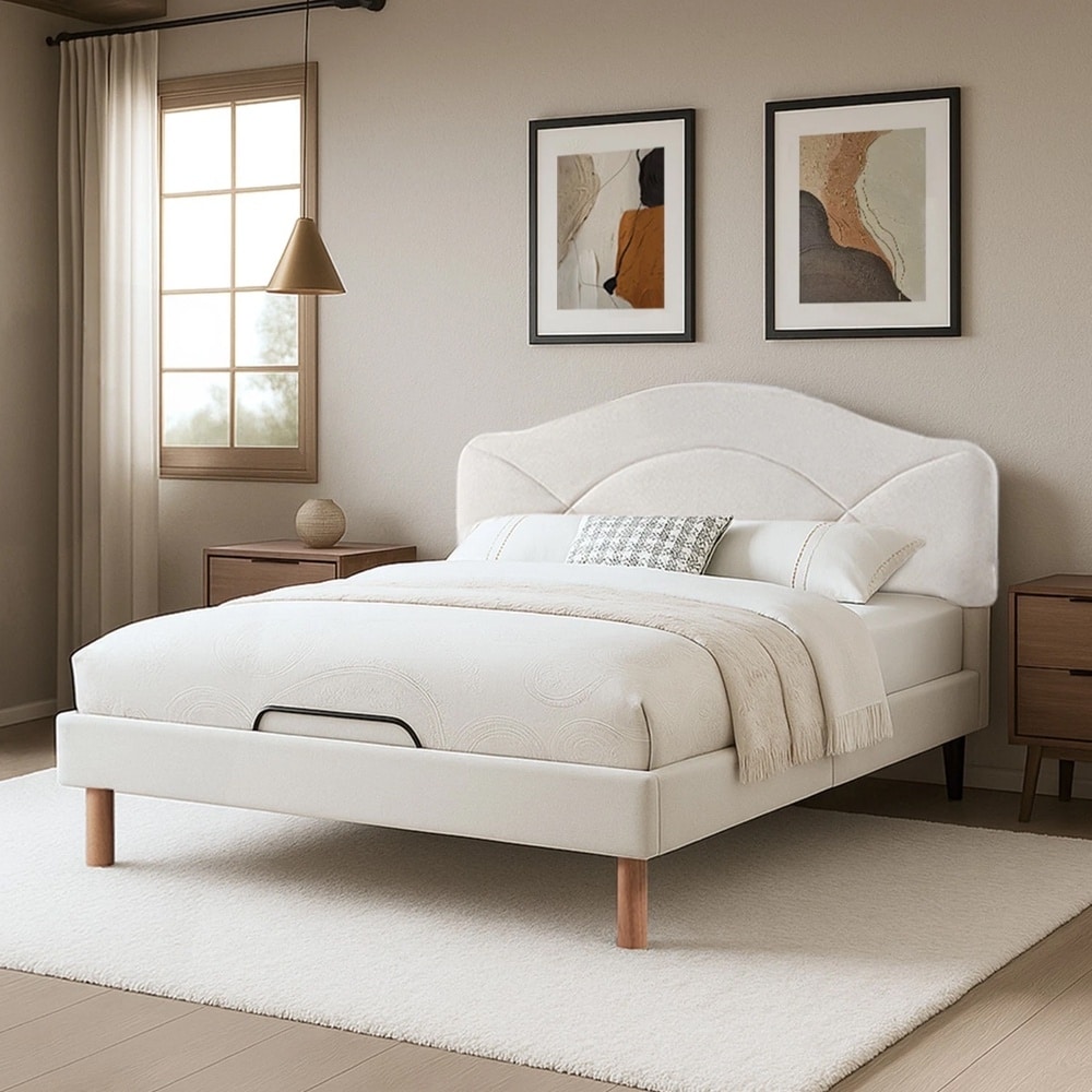 Queen Adjustable Bed Frame Electric Beige Curved Headboard
