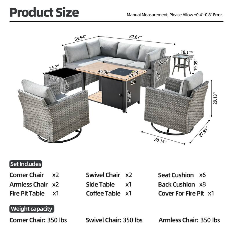 XIZZI 9-piece Outdoor Patio Wicker Sectional Sofa Set with Fire Pit Table