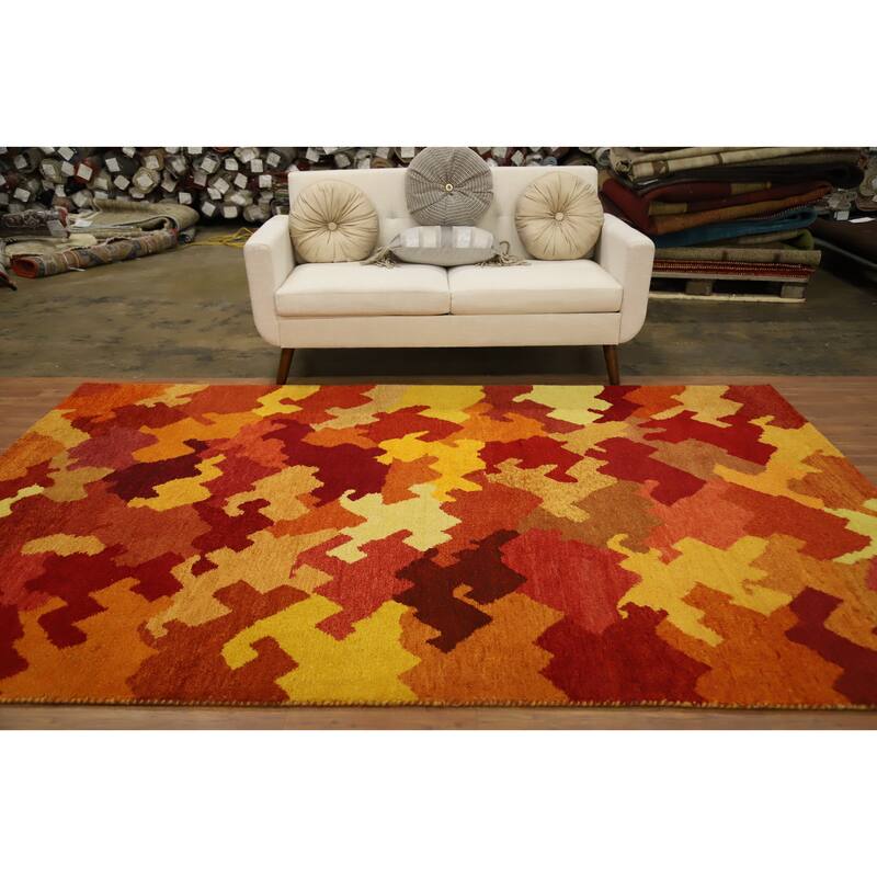 Hand Knotted Oriental 100% Wool Carpet Modern Geometric Oranges & Rust Gabbeh Area Rug - 9' 7'' X 6' 4''
