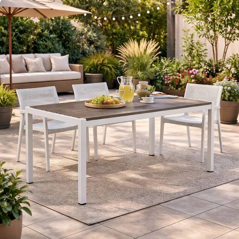 Fifi 71 Inch Outdoor Dining Table, Gray Polyresin Top, White Aluminum Frame