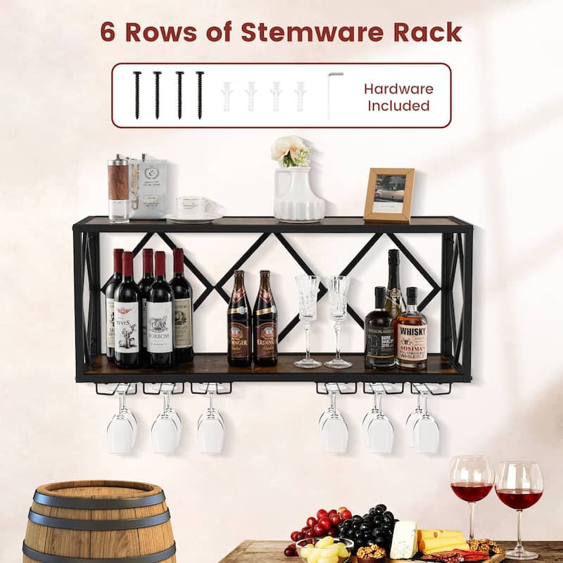 Gymax Wall Mounted Wine Rack Industrial Storage Display Shelf Glass