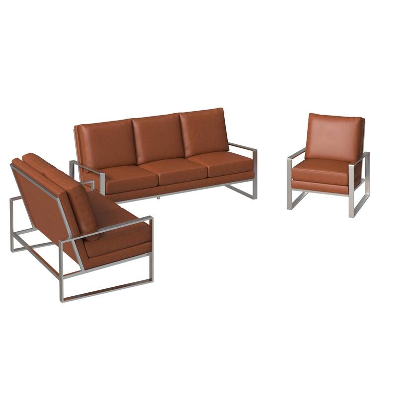 3-Piece Leather Sofa Set Brushed Stainless Steel Base and Removable Cushions - Cognac Tan