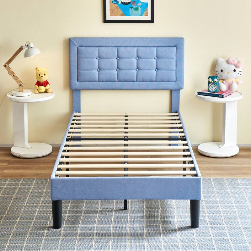 VECELO Tufted Upholstered Kids Bed with Adjustable Headboard,Twin Size Bed Set of 2