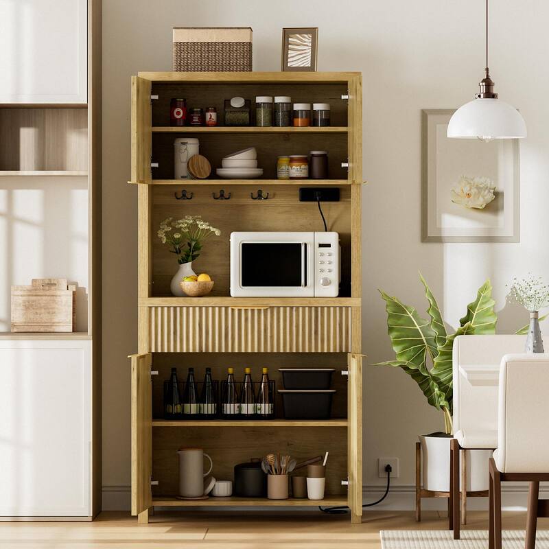 71"Pantry Storage Cabinet with Drawer, Charging Station and Open Countertop for Dining Living Room