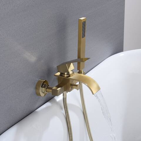 Waterfall Wall-mount Bath Tub Filler Faucet with Handheld Shower Brushed Gold - 7'6" x 9'6"